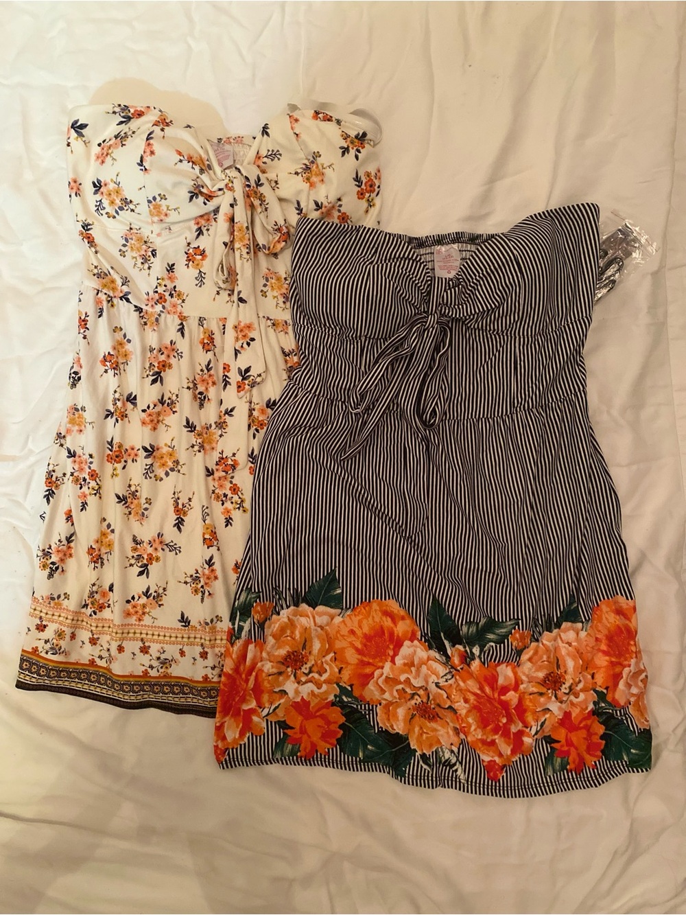 Floral Stripe Tie-Front Summer Dress - Black & White with Orange Floral pattern